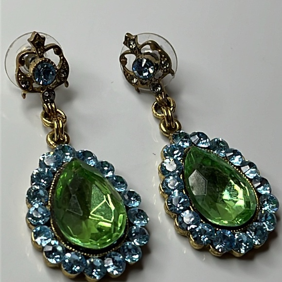 CRYSTAL WATER DROP EARRINGS BLUE & GREEN CRYSTAL - Picture 6 of 6